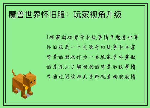魔兽世界怀旧服：玩家视角升级